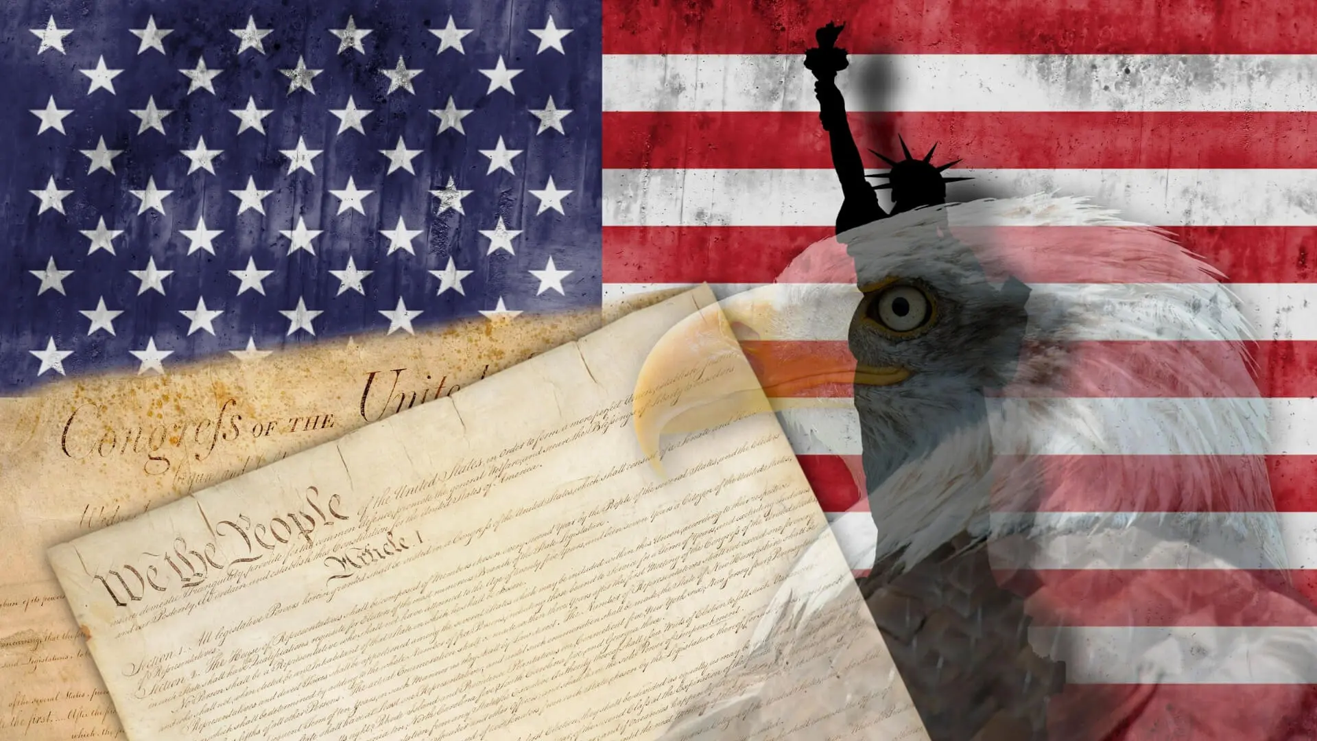 A bald eagle and american flag with the declaration of independence.